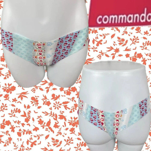 Commando M/L Blue-Red Classic Patchwork Floral Laser Cut Edges Thong Panties - Picture 1 of 6